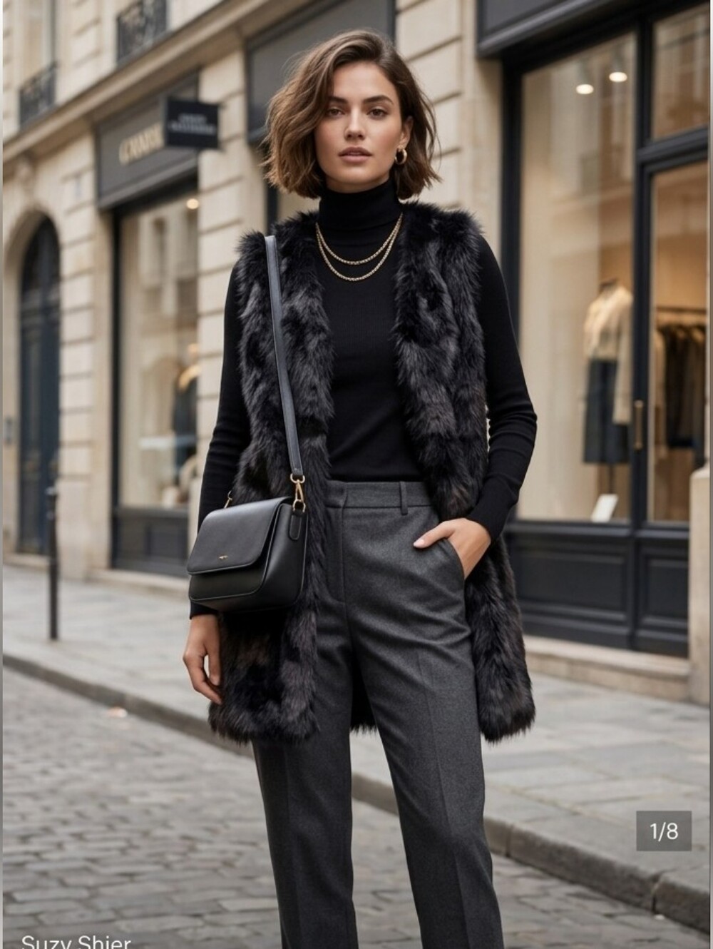 SUZY SHIER long line black faux fur vest small
